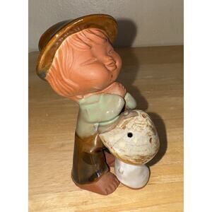 Vintage UCTCI Japan Redware Clay Pottery Boy with Mushroom Figurine READ